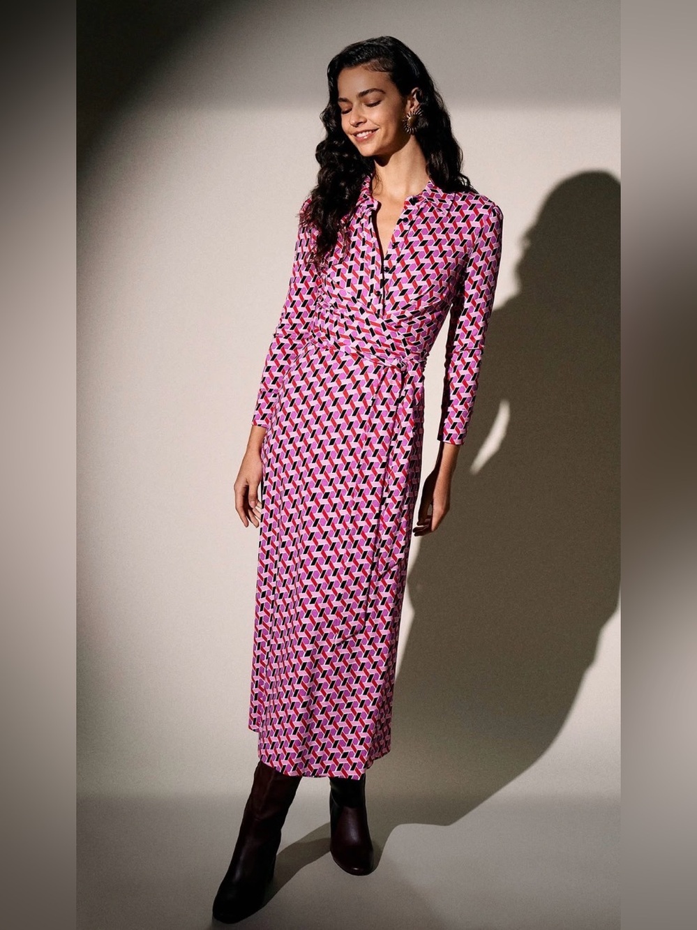 NEW NWOT Diane Von Furstenberg Sana Geo Print Long Sleeve Wrap Front Dress L